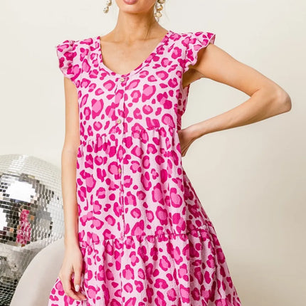 BiBi Leopard Cap Sleeve Tiered Mini Dress - Image 3