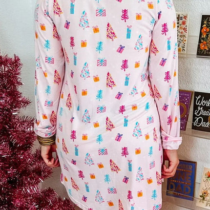 Printed Collared Neck Long Sleeve Lounge Dress - Image 2