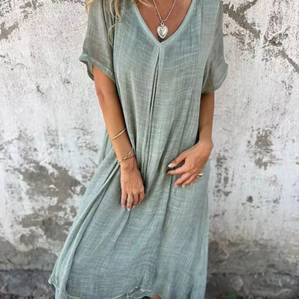 Full Size V-Neck Short Sleeve Midi Dress Plus Size - Image 27