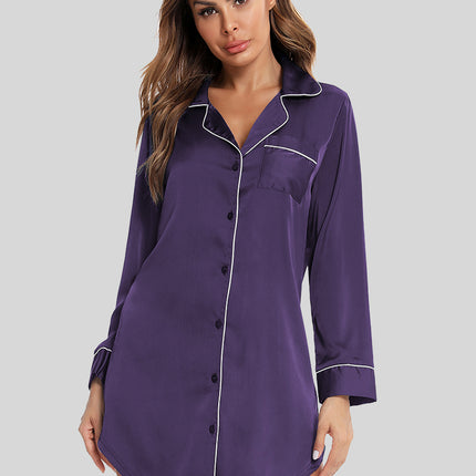 Button Up Lapel Collar Night Dress with Pocket - Image 7
