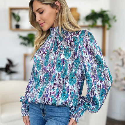 Double Take Full Size Printed Smocked Long Sleeve Blouse - Image 11