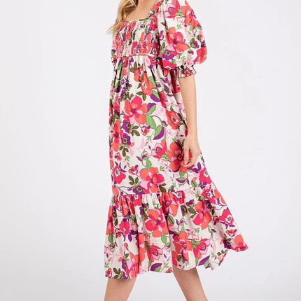 Mittoshop Flower Print Puff Sleeve Ruffle Smocked Midi Dress - Image 1
