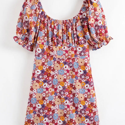 Floral Puff Sleeve Square Neck Knot Open Back Mini Dress - Image 6