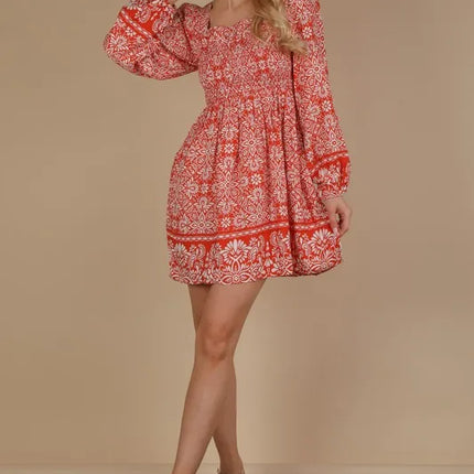 VERY J Printed Smocked Chest Boho Mini Dress - Image 5