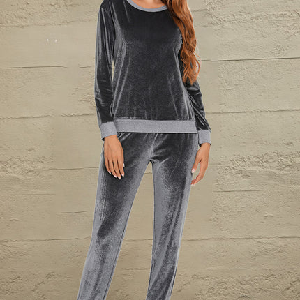 Round Neck Long Sleeve Loungewear Set with Pockets - Image 1