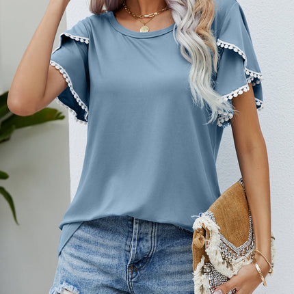 Pom-Pom Trim Flutter Sleeve Round Neck Tee - Image 12