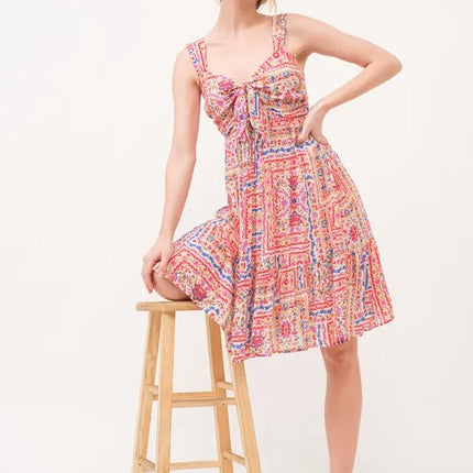 And The Why Tied Front Smocked Back Tiered Boho Printed Dress - Image 2