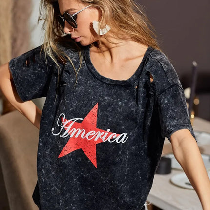 BiBi Laser Cut Mineral Washed Jersey Top with  America - Image 5
