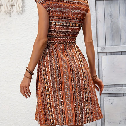 Printed Round Neck Cap Sleeve Dress - Image 5