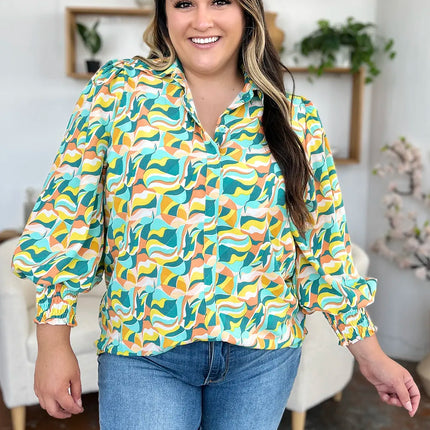 Double Take Full Size Printed Smocked Long Sleeve Blouse - Image 12