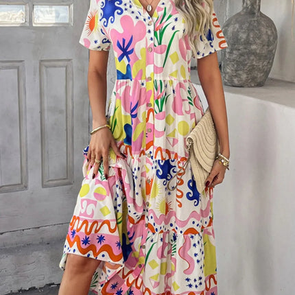 Devine Printed Johnny Collar Button Down Short Sleeve Midi Shirt Dress - Image 22