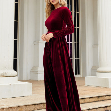 Tie Front Round Neck Long Sleeve Maxi Dress - Image 4
