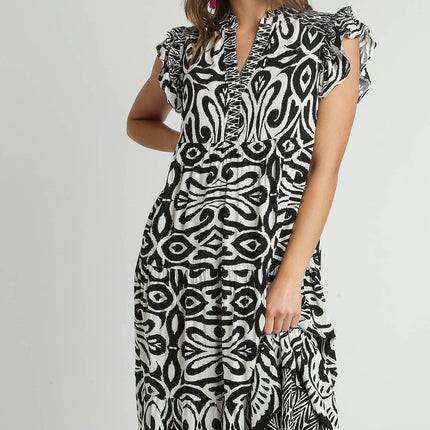 Umgee Full Size Two Tone Border Print Ruffle Cap Sleeve Midi Dress Plus Size - Image 1