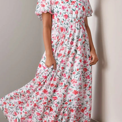 Floral Short Puff Sleeve Tiered Dress - Image 1