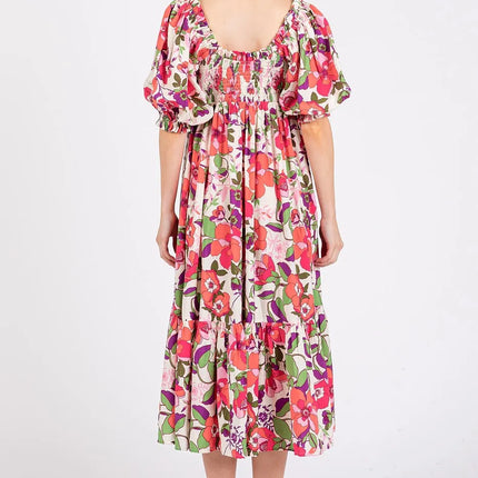 Mittoshop Flower Print Puff Sleeve Ruffle Smocked Midi Dress - Image 4