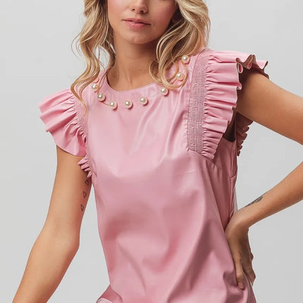 BiBi Leather Smocked Ruffled Top - Image 11