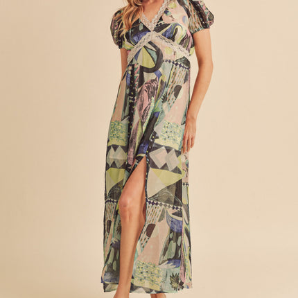 Aemi + Co Lace Detail Slit Geometric Print Short Sleeve Maxi Dress - Image 1