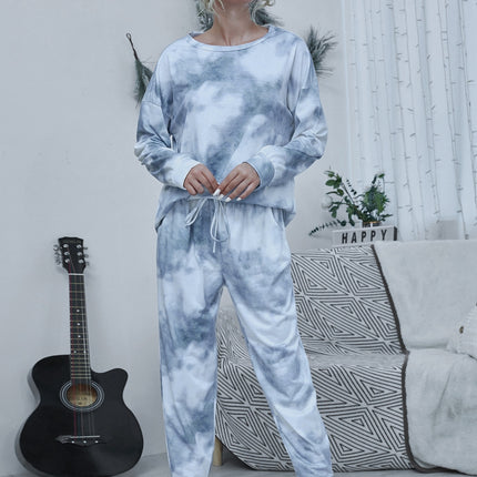 Shiny Tie-dye Round Neck Top and Drawstring Pants Lounge Set - Image 1