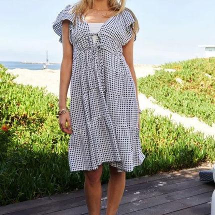 Davi & Dani Jacquard V-Neck Flutter Cap Sleeve Tiered Dress - Image 10