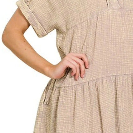 Zenana Washed Double Gauze Raw Edge Notched Dress - Image 3