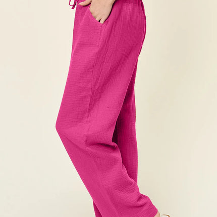 Double Take Full Size Texture Drawstring Straight Pants - Image 6