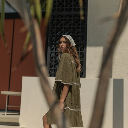 Annie Wear Tassel Contrast Trim Tie Neck Half Sleeve Tiered Dress - Image 2