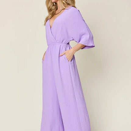 Double Take Full Size Surplice Wide Leg Jumpsuit with Pockets - Image 18