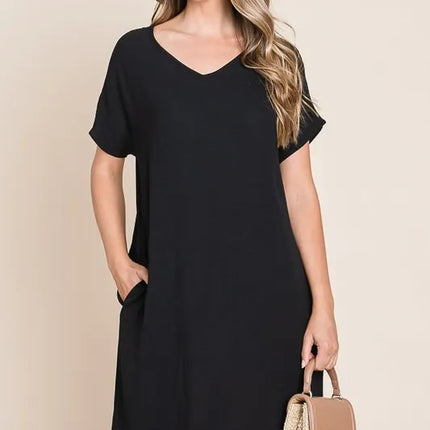 BOMBOM V-Neck Short Sleeve Dress with Pockets - Image 2