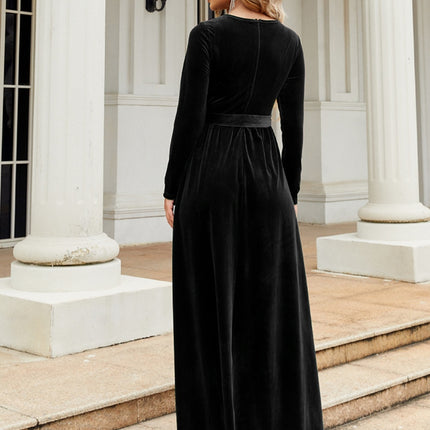 Tie Front Round Neck Long Sleeve Maxi Dress - Image 20