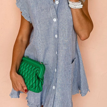 Stripe Frilled Ruffled Cap Sleeve Button Up Mini Dress - Image 4
