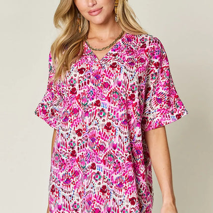 Double Take Full Size Printed V-Neck Short Sleeve Blouse - Image 1