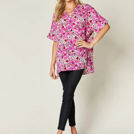 Double Take Full Size Printed V-Neck Short Sleeve Blouse - Image 4