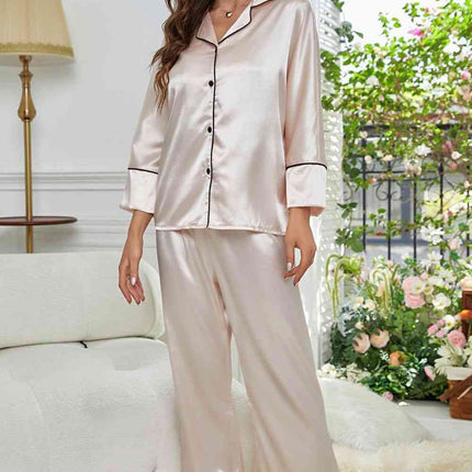 Contrast Piping Button-Up Top and Pants Pajama Set - Image 10
