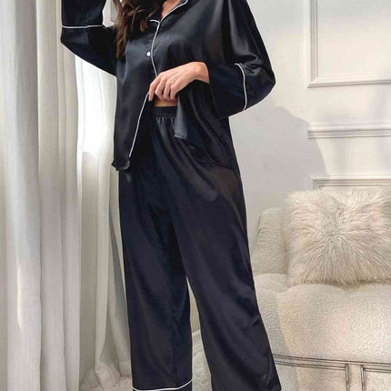 Contrast Piping Button-Up Top and Pants Pajama Set - Image 3