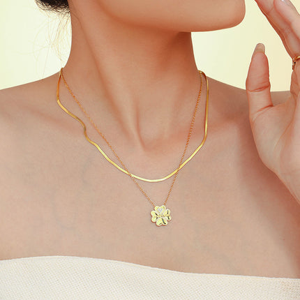 2 Piece 18K Gold-Plated Inlaid Zircon Lucky Clover Necklace - Image 6