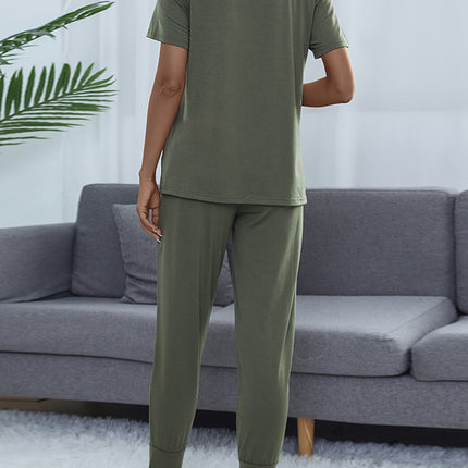 Shiny Round Neck Short Sleeve Top and Pants Set - Image 8