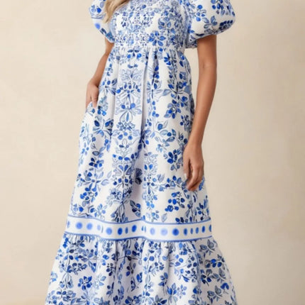 Smocked Printed Square Neck Puff Sleeve Dress - Image 2