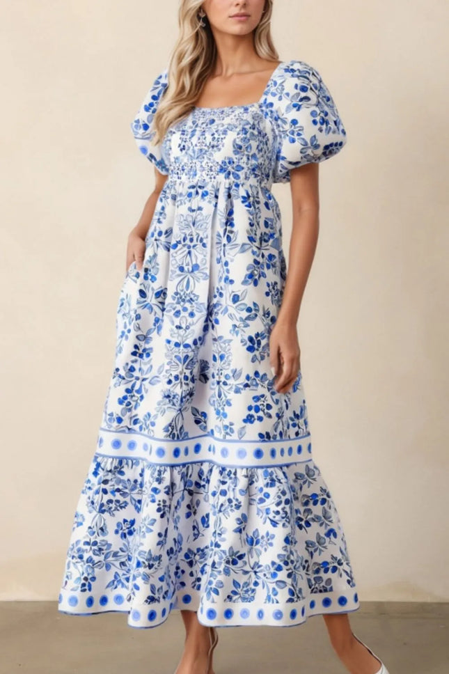 Smocked Printed Square Neck Puff Sleeve Dress