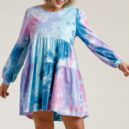Umgee Full Size Tie Dye Round Neck Long Sleeve Babydoll Tiered Dress Plus Size - Image 3