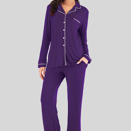Collared Neck Long Sleeve Loungewear Set with Pockets - Image 7