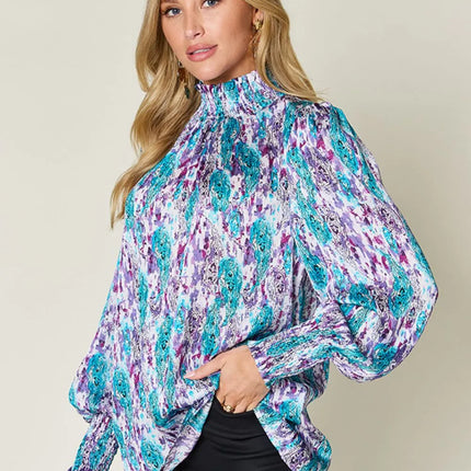 Double Take Full Size Printed Smocked Long Sleeve Blouse - Image 3