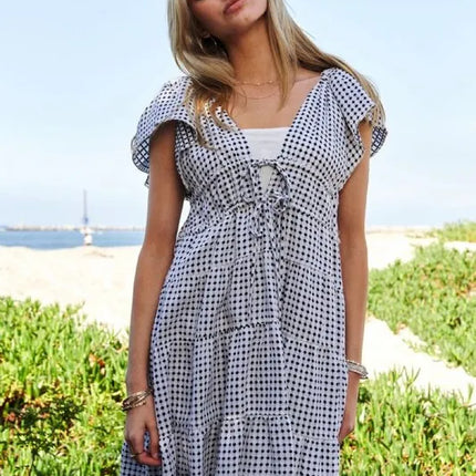 Davi & Dani Jacquard V-Neck Flutter Cap Sleeve Tiered Dress - Image 2