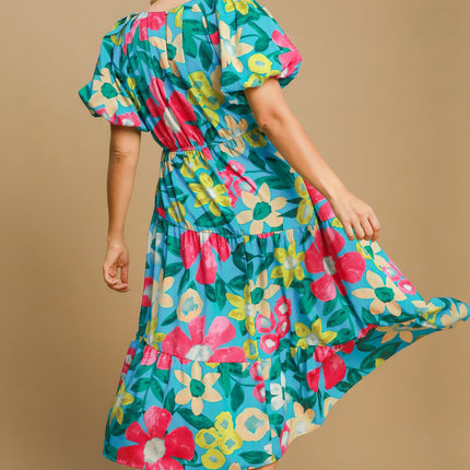 Umgee Full Size Tiered Floral Print Notched Puff Sleeve Midi Dress Plus Size - Image 5