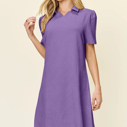 Double Take Full Size Texture Collared Neck Short Sleeve Dress - Image 1