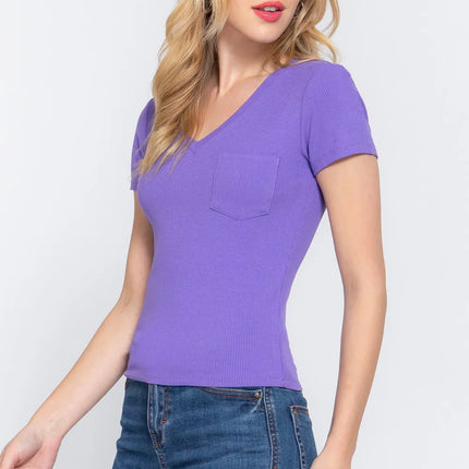 ACTIVE BASIC V-Neck Ribbed Short Sleeve Knit T-Shirt - Image 3