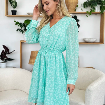 Double Take Full Size Printed Ruched V-Neck Long Sleeve Dress - Image 19