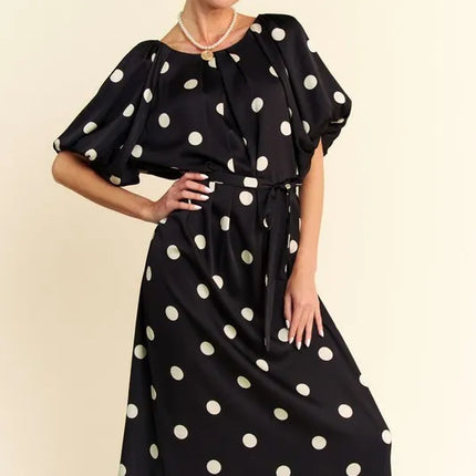 Davi & Dani Polka Dot Puff Sleeves Waist Tie Midi Dress - Image 1