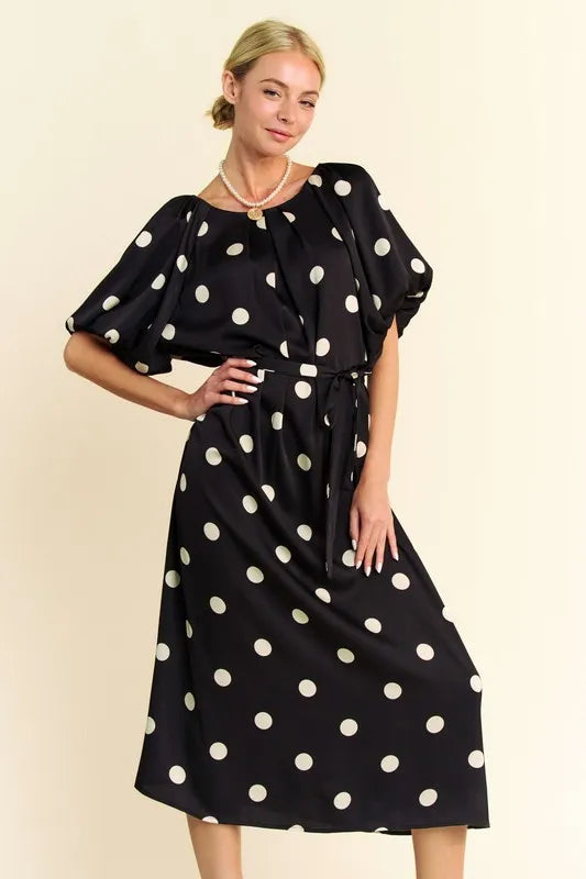 Davi & Dani Polka Dot Puff Sleeves Waist Tie Midi Dress