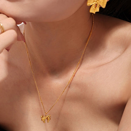 18K Gold-Plated Stainless Steel Bow Earrings and Necklace Set - Image 1