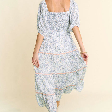 Davi & Dani Contrast Ric Smocking Bodice Tiered Midi Dress - Image 5